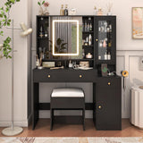 jiteentarou Black Vanity Desk with Sliding Mirror & Lights, Vanity Table Makeup Desk with Charging Station 2 Drawers 2 Doors, Lots Storage Shelves, Large Vanity Set with Cushioned Stool, Black jiteentarou