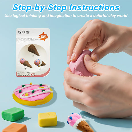 Adinomiency Air Dry Clay for Kids | 12 Pack DIY Modeling Clay Kit with 4 Colors Per Set & 12 Pastry Sculpting Guides | Non-Toxic, Easy to Use Arts and Crafts Gift for Boys & Girls Ages 3+ Adinomiency