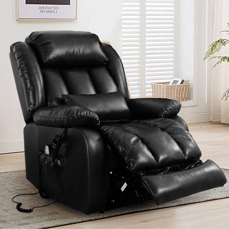 MAEVIS Large Genuine Leather Power Lift Recliner Chair, Dual Motor Recliner for Elderly,Extended Footrest and Lumbar Pillow for Tall Man,with Heat and Massage, USB and Type-C Ports(Black) MAEVIS