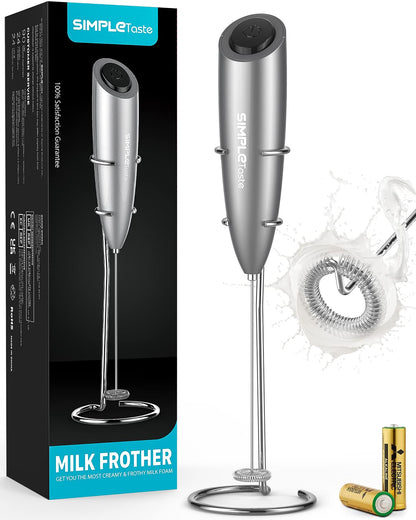 SIMPLETaste Milk Frother Handheld Battery Operated Electric Foam Maker, Drink Mixer with Stainless Steel Whisk and Stand for Cappuccino, Bulletproof Coffee, Latte