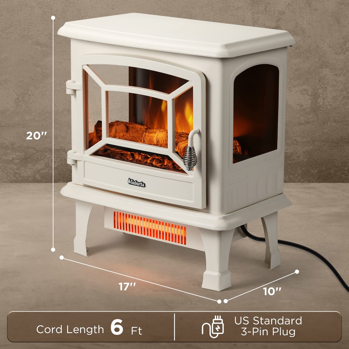 TURBRO Suburbs 20 in. Electric Fireplace Infrared Heater w/Crackling Sound, Freestanding Fireplace Stove w/Realistic Flame Effect, CSA Certified Overheating Protection, Easy to Assemble, 1400W Ivory