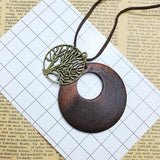 HUNO Tree of Life Pendant Necklace Long Leather Chain Statement Wooden Necklace for Women Vintage Wood Jewelry HUNO