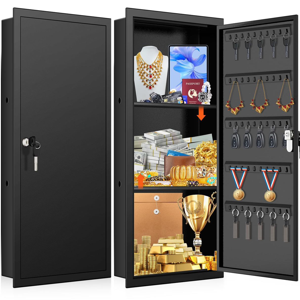 31.5" Tall Wall Safes Between the Studs with 2 Removable Shelf, Lockable Hidden Safe Box with 50 Hooks for Keys Jewellery, in Wall Safe for Money Medicines Valuables GUVELI
