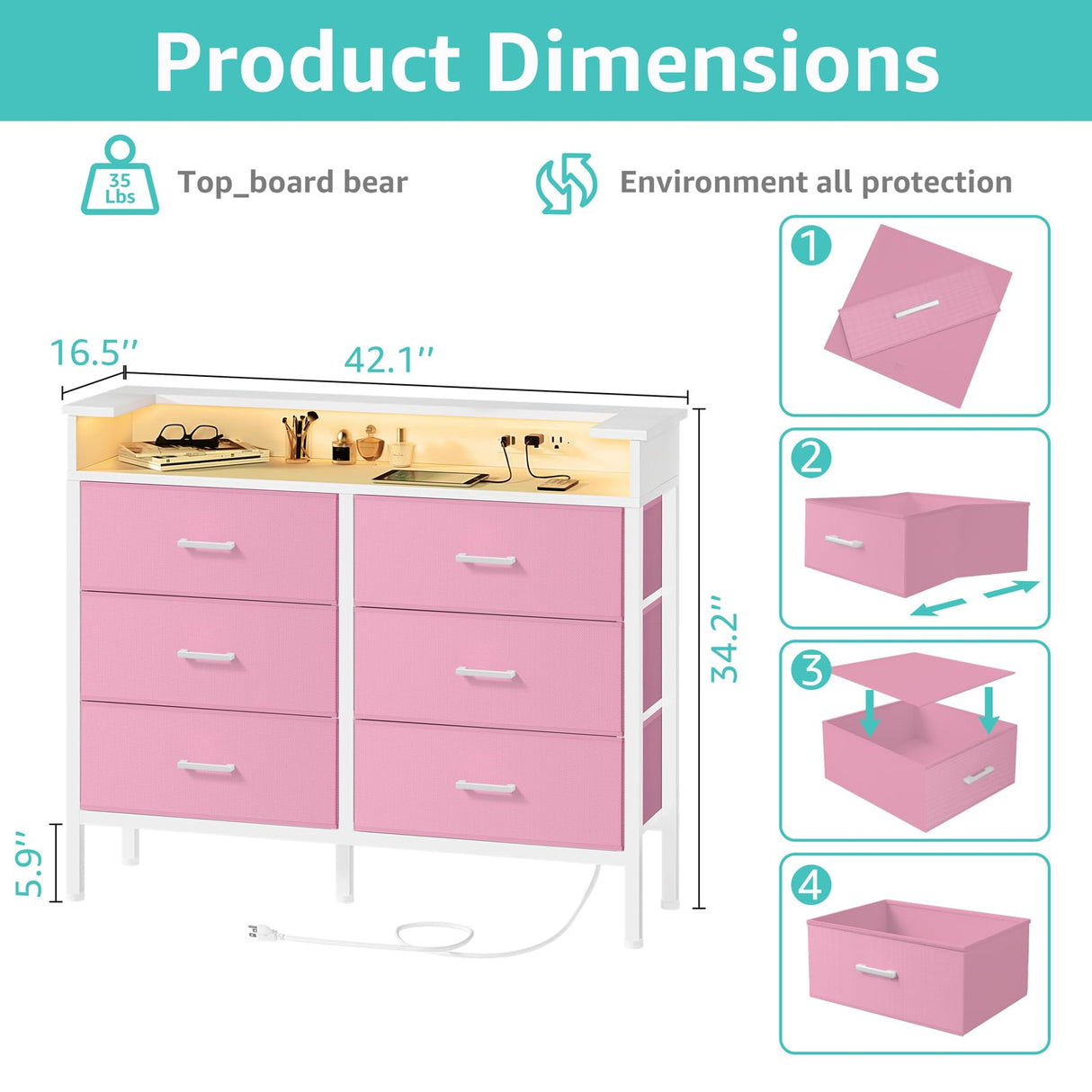 BOLUO Girls Dresser with LED Light and Charging Station for Bedroom 6 Fabric Drawer Dresser with USB Outlet Modern Pink BOLUO