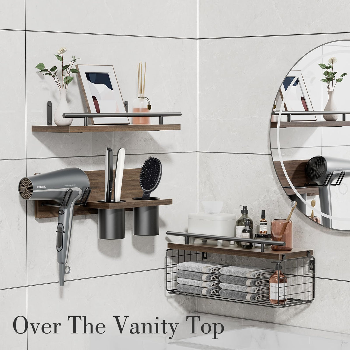 RoleDes Bathroom Floating Shelves with Hair Dryer Holder - Wall Mounted Wood Wall Shelf with Blow Dryer Storage Over The Toilet - Set of 3 Rustic Brown Farmhouse Decor RoleDes
