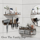 RoleDes Bathroom Floating Shelves with Hair Dryer Holder - Wall Mounted Wood Wall Shelf with Blow Dryer Storage Over The Toilet - Set of 3 Rustic Brown Farmhouse Decor RoleDes