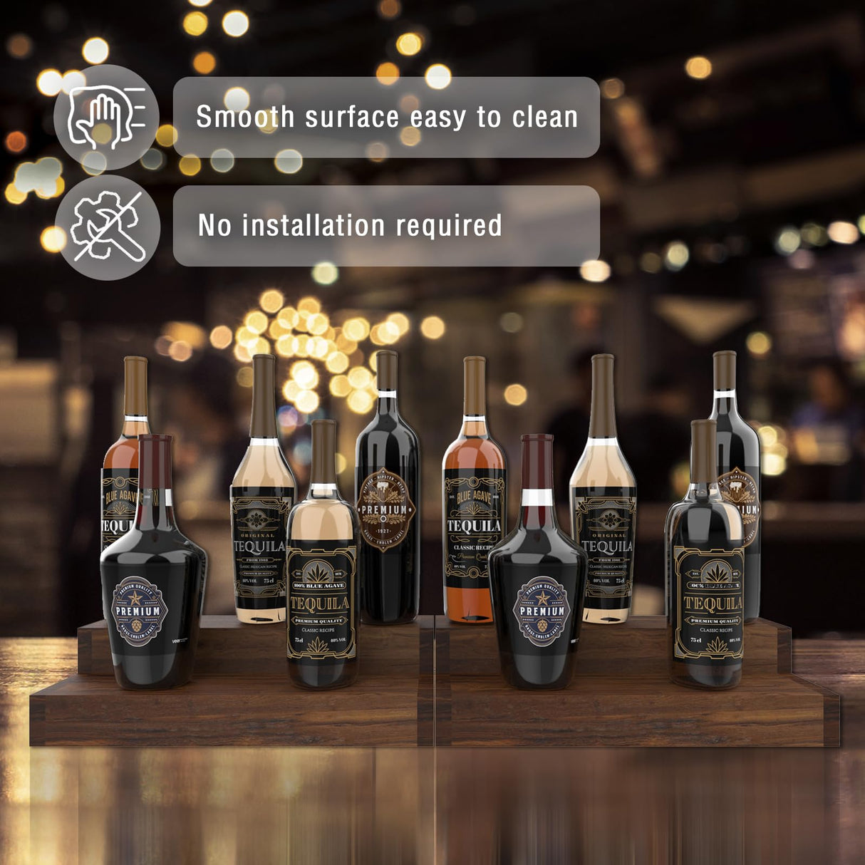 tongmo 2 pack Liquor Bottle Stand - 2 Tier Liquor Bar Bottle Display Shelf, Holds 16Bottles, Real Wood, Easy to Clean, No Installation Required - 15.8 Inch each (Dark Walnut) tongmo