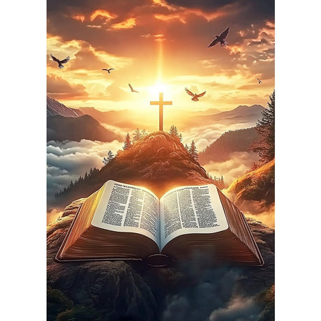 MXJSUA Landscape Bible Cross Diamond Painting Kits for Adults, 5D Diamond Art Kits for Beginners, DIY Full Round Drill Picture with Diamond for Home Wall Decor, 12x16 Inch MXJSUA