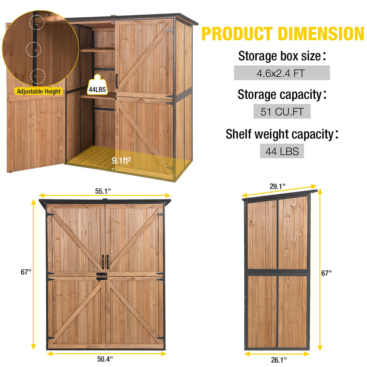 Aivituvin Shed Outdoor Storage Cabinet with Durable Metal Frame Waterproof Garden Tool Storage with Adjustable Shevels and Floor for Backyard Garden Patio Lawn, 55" L, Brown Aivituvin