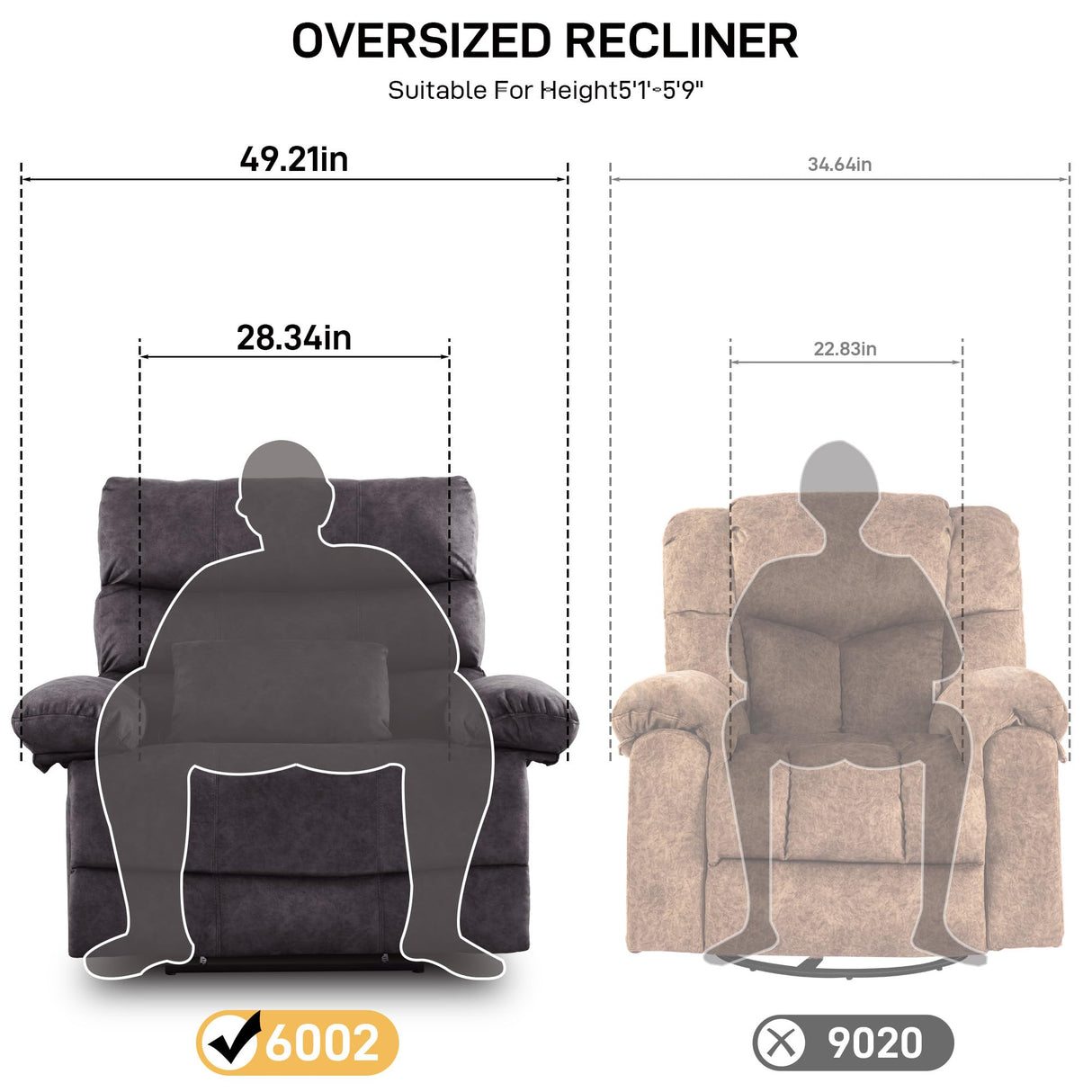 Oversized Recliner Chair Extra Wide Large Recliner for Adults 350lbs with Lumbar Support Pillow Nursery Chair Living Room (Manual, GREY-6002) HOMYEDAMIC