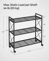 SONGMICS 3-Tier Metal Storage Rack with Wheels, Mesh Shelving Unit with X Side Frames, 31.5-Inch Width, for Entryway, Kitchen, Living Room, Bathroom, Industrial Style, Black UBSC183B01 SONGMICS