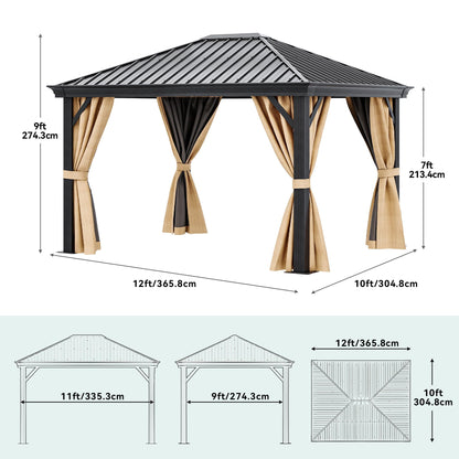 DWVO 10x12ft Hardtop Gazebo with Nettings and Curtains, Heavy Duty Galvanized Steel Outdoor Vertical Stripes Roof for Patio, Backyard, Deck, Lawns, Brown - WoodArtSupply