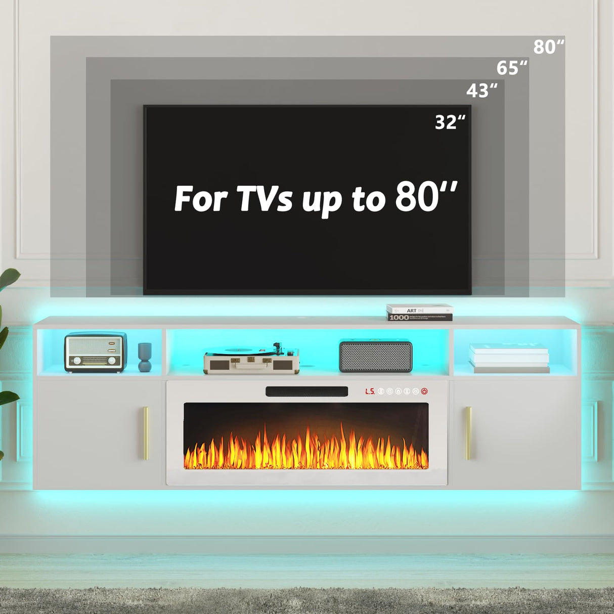 PUKAMI 70" Floating TV Stand with 36" Electric Fireplace,Wall Mounted Entertainment Center with LED Lights and Highlight Storage Cabinet for TVs up to 80" for Living Room (White and White) PUKAMI