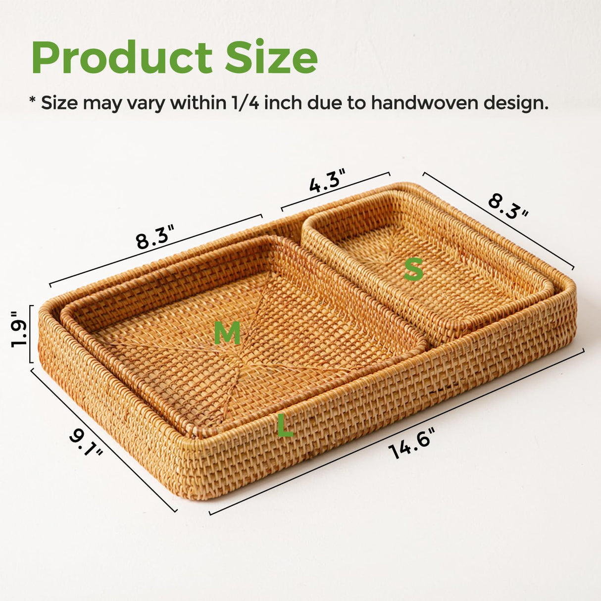 Rattan Serving Tray, Rectangle Rattan Basket Set of 3, Wicker Storage Basket Wicker Baskets for Organizing, Natural Basket Tray Decorative Basket Woven Tray for Home Decor Bathroom Kitchen Counter S310