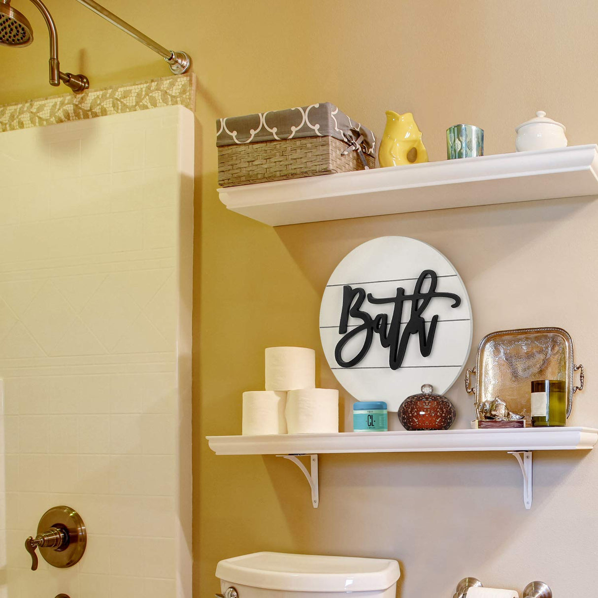 Modern Rustic 3D Bath Sign,Wooden, Handcrafted, Shiplap Farmhouse Bathroom Round Sign for Wall Hanging Décor for Home (White) Biewoos