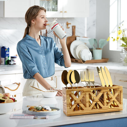 Wooden Cutlery Silverware Holder Flatware Caddy Wood Utensil Holder for Kitchen Counter Decor Small Silverware Organizer Countertop Spoon and Fork Holder Table Utensil Caddy for Party Cutlery Basket