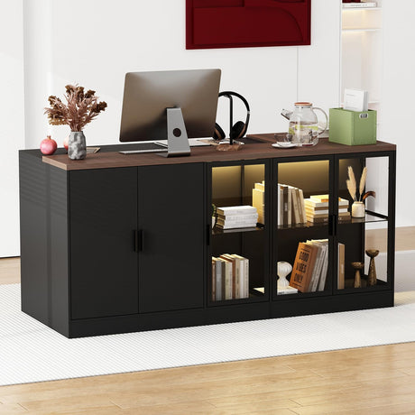 ROMSHINE Glass Reception Desk for Retail & Checkout, 77.6 inch Front Desk with Drawers, LED Light & Display Shelf, Retail Checkout Counter Table for Shop, Salons, Reception Room, Black ROMSHINE