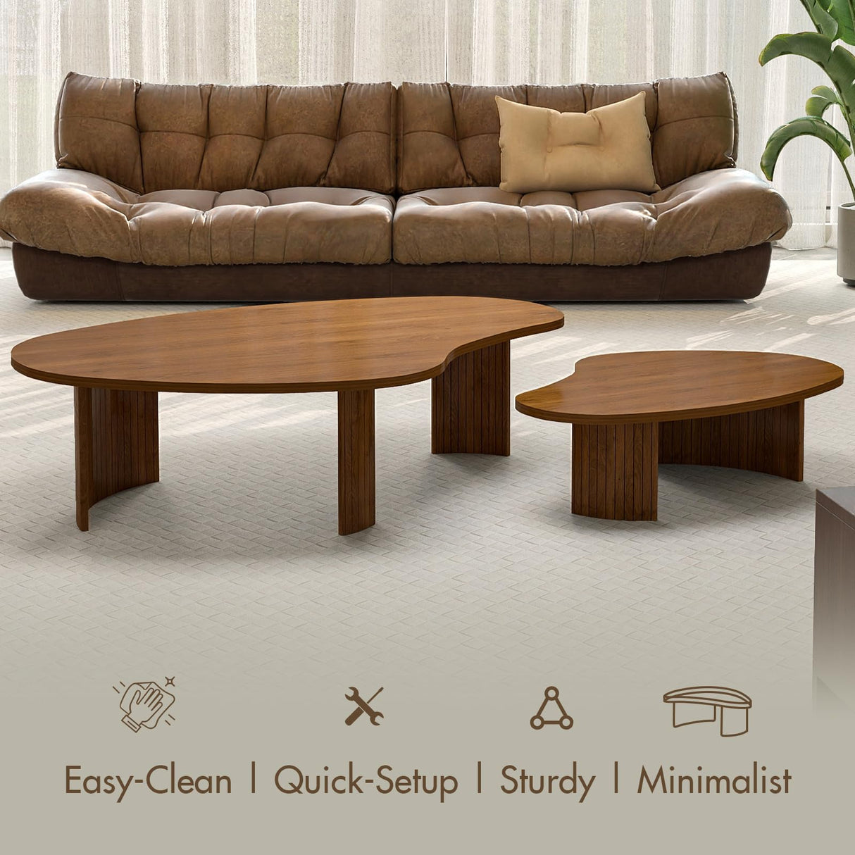 Hyfirm Walnut Nesting Coffee Table Set - 2-Piece Fluted Rubberwood Legs Living Room Center Furniture - MDF with Ash Veneer Irregular Oval Side Tables Hyfirm