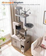 HOOBRO Cat Tree with Litter Box Enclosure, Cat Tower with Food Bowl and Storage, Hidden Cat Litter Enclosure Furniture, All-in-One Modern Cat Condo, with Cat House, Hammock and Perch, Greige BG80MZ03 HOOBRO