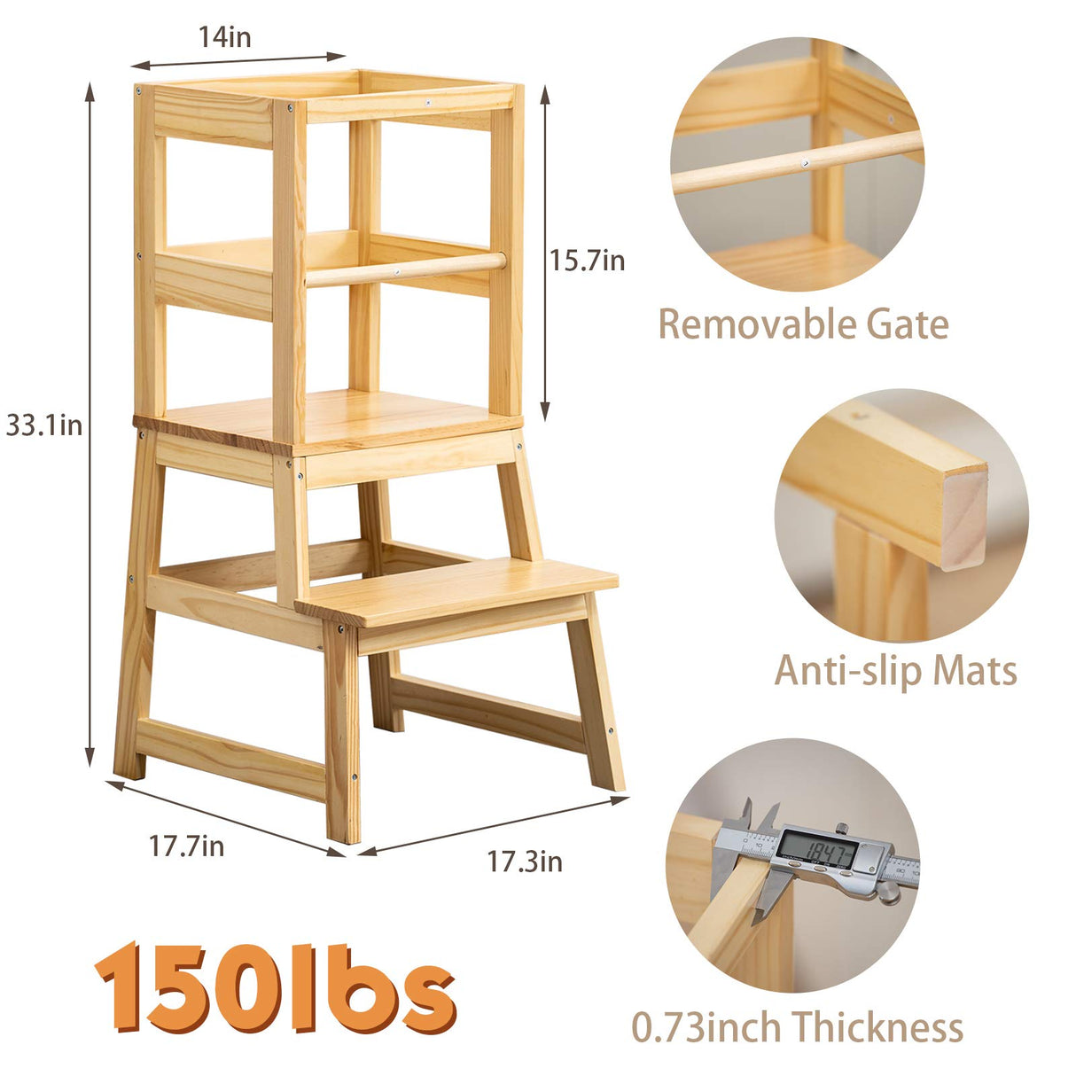 Kitchen Step Stool for Toddlers with Non-Slip Mat, Wood City Wooden Kids Montessori Learning Stool Tower, Toddler Standing Tower Helper for Kitchen Counter and Bathroom Sink. WOOD CITY