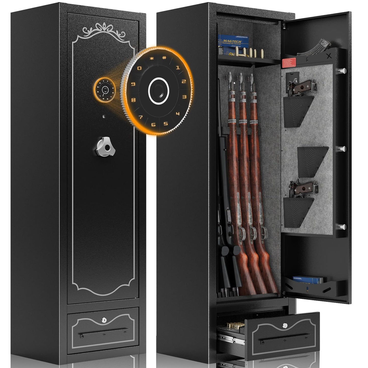 Karini 8 Gun Safe,Gun Safes & Cabinets,Gun Safe for Home Rifles and Pistol,Gun Safe Rifle,Gun Cabinet for Home Rifle and Pistols with Drawer,Gun Cabinets with 3 Pistol Pouch,3 Gun Rack