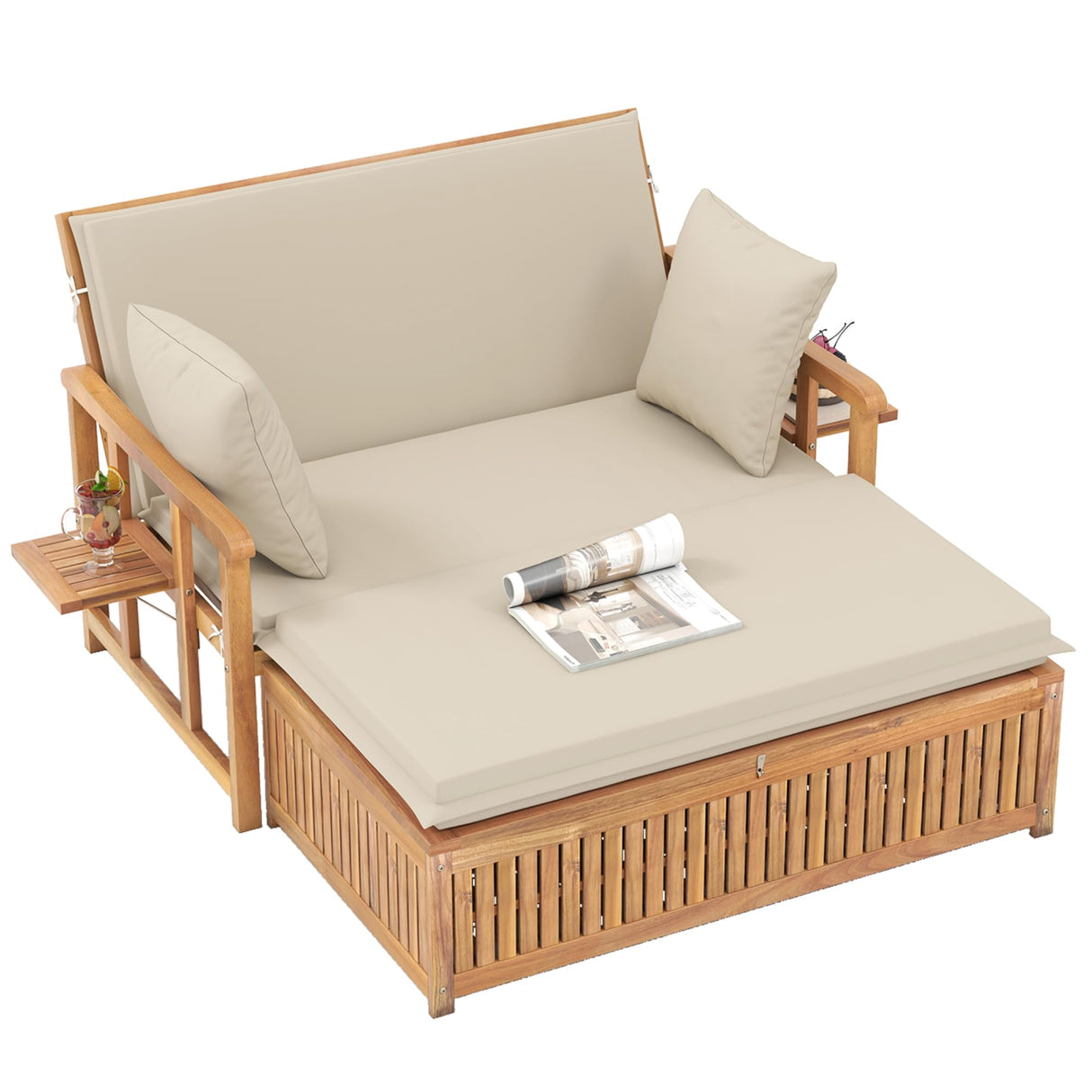 Tangkula Outdoor Acacia Wood Daybed with Storage Ottoman, Wood Patio Loveseat Sofa with 4-Level Backrest & Removable Cushions, 2 Folding Side Tables, Patio Recliner Lounger for Poolside, Backyard Tangkula
