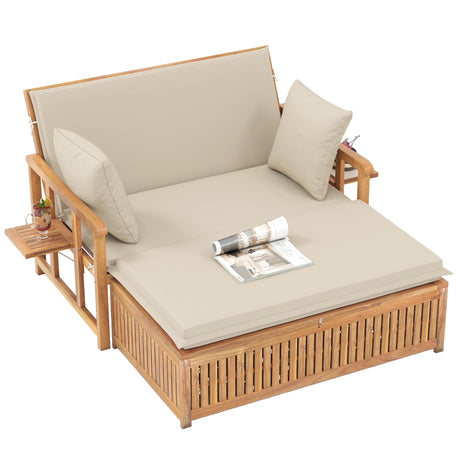 Tangkula Outdoor Acacia Wood Daybed with Storage Ottoman, Wood Patio Loveseat Sofa with 4-Level Backrest & Removable Cushions, 2 Folding Side Tables, Patio Recliner Lounger for Poolside, Backyard Tangkula