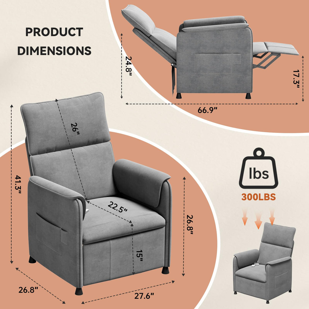 Liftsync Recliner Chair，Electric Adjustable Flannelette Recliner with Remote Control and Padded Backrest,Home Theater Recliner Single Sofa Seat with Thick Seat Cushion for Living Room Bedroom (Grey) Liftsync