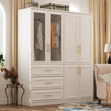 Hitow Wardrobe Armoire Closet with Glass Doors, 63.3" W Wardrobe Storage Cabinet with 3 Drawers & Hanging Rod, Wardrobe Armoire Dresser for Bedroom Clothing Organizer, White Hitow
