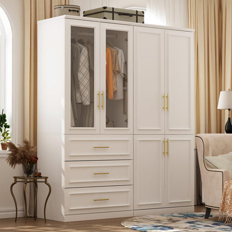 Hitow Wardrobe Armoire Closet with Glass Doors, 63.3" W Wardrobe Storage Cabinet with 3 Drawers & Hanging Rod, Wardrobe Armoire Dresser for Bedroom Clothing Organizer, White Hitow