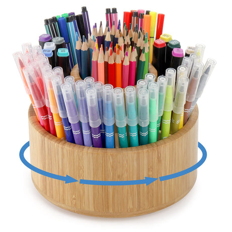 SOUJOY Bamboo Pen Holder Organizer, 360°Rotating Art Supply Organizer with 11 Compartments, Color Pencil Storage Caddy, Hold 200+ Pencils, Office Desk Stand Box for Marker Pens, Pencil, Art Brushes SOUJOY
