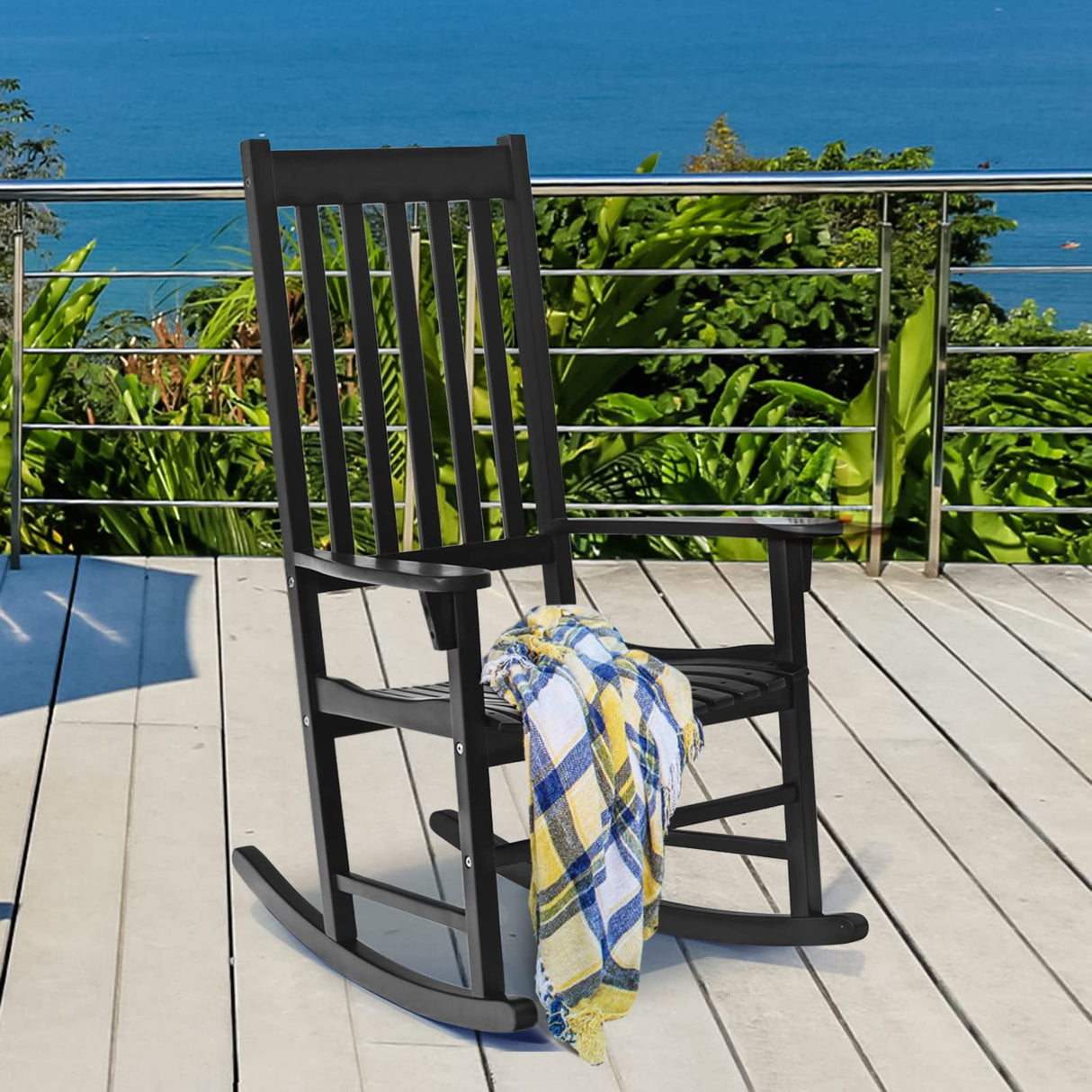 Tangkula Acacia Wood Porch Rocking Chair Set, Wooden Rocking Chair Rocker with High Back & Armrest for Indoor Outdoor Use, Patio Rocker for Garden Lawn Balcony Backyard Poolside (2, Black) Tangkula