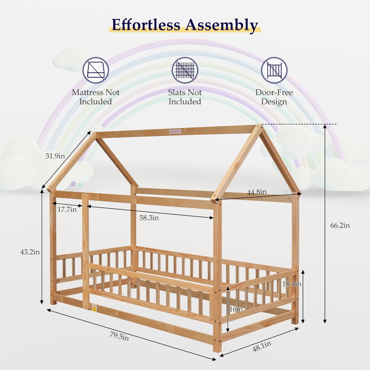 Montessori-Inspired Tatub Twin House Floor Bed with Safety Rails for Kids - WoodArtSupply