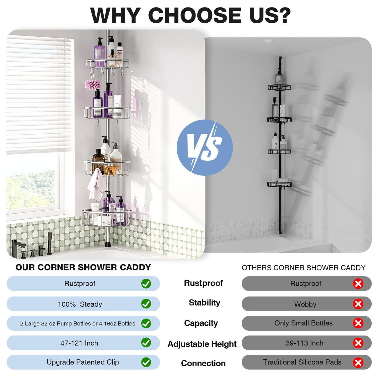 Corner Shower Caddy Tension Pole: Stainless Steel Rustproof 4-Tier Shower Organizer - 47-121 inch Adjustable Bathroom Shelves for Bathtub Shampoo Storage - Tension Rod Floor Standing Bath Rack -Silver ESSEME