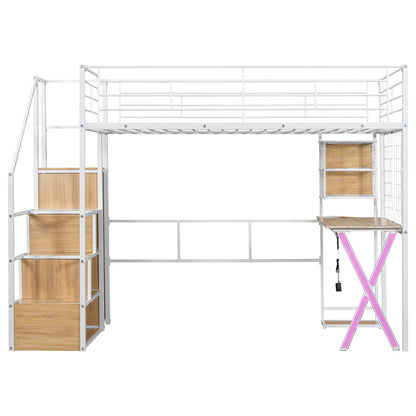 Metal Twin Size Loft Bed with Desk and Stairs,Heavy Duty Loft Bed Frame with Wardrobe and LED Lights,Loft Bed Twin Size with Storage Shelves for Kids,Teens,Adults,Space Saving,White