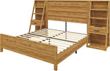 LUXOAK King Bed Frame with Wide Headboard and 4-Tier Bookshelves, Farmhouse Platform Bed with Charging Station & 2 Drawers, Noise-Free, No Box Spring Needed, Natural Oak LUXOAK