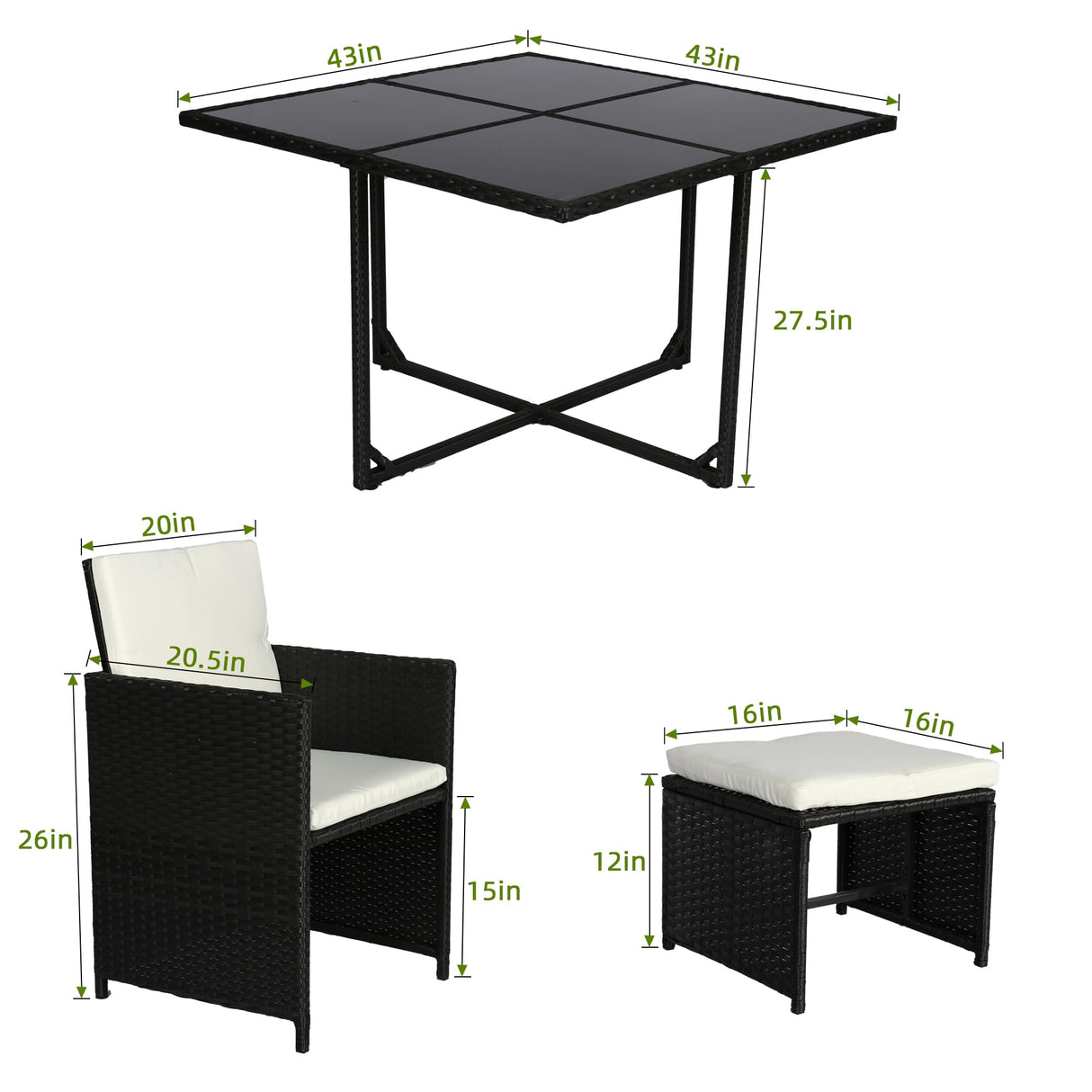 LHBcraft 9 Pieces Patio Dining Sets Outdoor Conversation Sets, Space Saving Wicker Chairs with Glass Table and Ottomans, Cushioned Seating and Back Sectional Dining Sets(BK-WH) LHBcraft