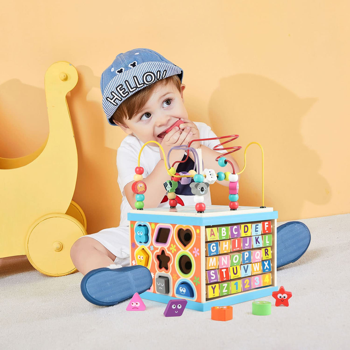 Qilay Wooden Activity Cube for Toddlers 3, 5 in 1 Multipurpose ABC-123 Abacus Early Educational Montessori Toys, Learning Toys for 3 Year Old | Bead Maze, Great for Boys Girls Toddlers Qilay