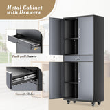 Athena Collection Metal Storage Cabinet with 4 Lock Doors and 4 Adjustbale Shelves, 74" Tall Rolling Garage Storage Cabinet for Home Office, School, Garage, Pantry, Grey Black Athena Collection