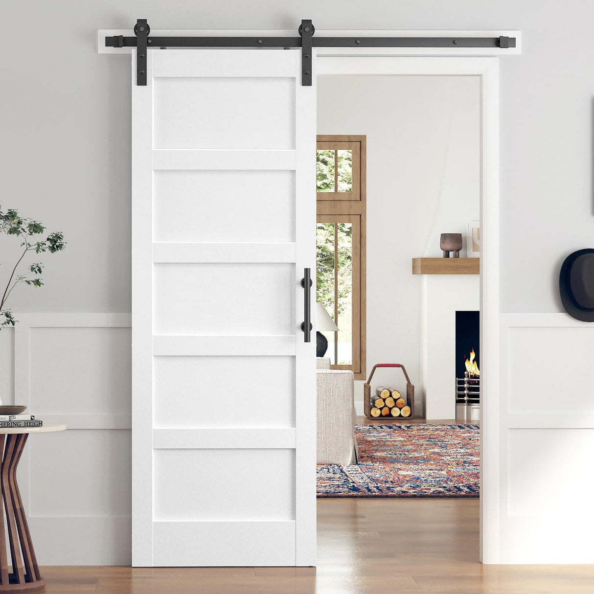 ROYMELO 30x84 Inch White Sliding Barn Door Slab with 5.5ft Hardware Kit Included, 5-Panel, MDF Wood Panel Covered with Water-Proof Scratch-Proof PVC Surface, Simple DIY Assembly ROYMELO