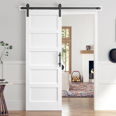 ROYMELO 30x84 Inch White Sliding Barn Door Slab with 5.5ft Hardware Kit Included, 5-Panel, MDF Wood Panel Covered with Water-Proof Scratch-Proof PVC Surface, Simple DIY Assembly