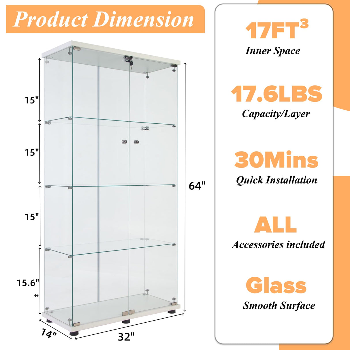 lunhung Glass Display Cabinet 4-Shelf with LED Lights and Lock,2 Doors Curio Cabinets Display Case Storage Cabinet,Glass Floor Standing Bookshelf for Living Room 32" W x 14" D x 64" H (White) lunhung