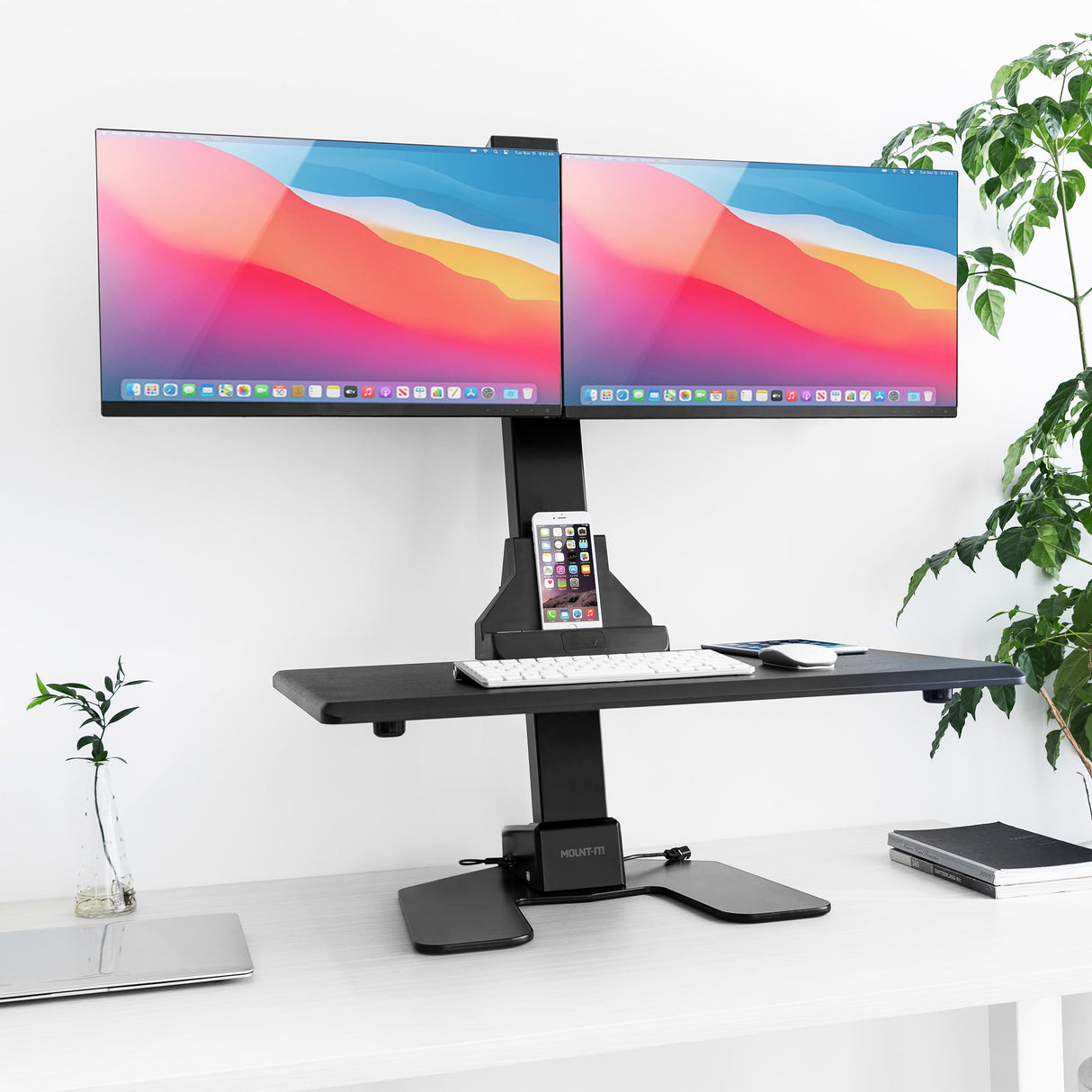 Mount-It! Double Monitor Electric Standing Desk Converter - 2 Screens Stand Up Desk Riser - Height Adjustable Desktop & 2 Mounts for Screens up to 32", Sit-Stand Convertor for Home, Office, School Mount-It!