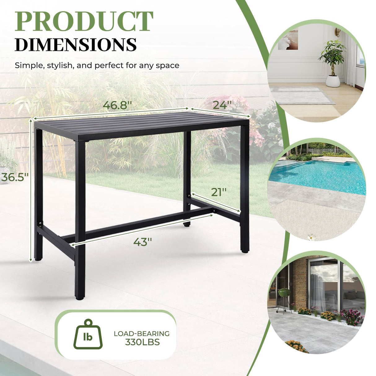 ONLYCTR Outdoor Bar Table, Patio Counter Height Bar Table, 47" Rectangle Bar Table for Patio, Garden, Yard, Balcony, Poolside (Black, 47'') ONLYCTR