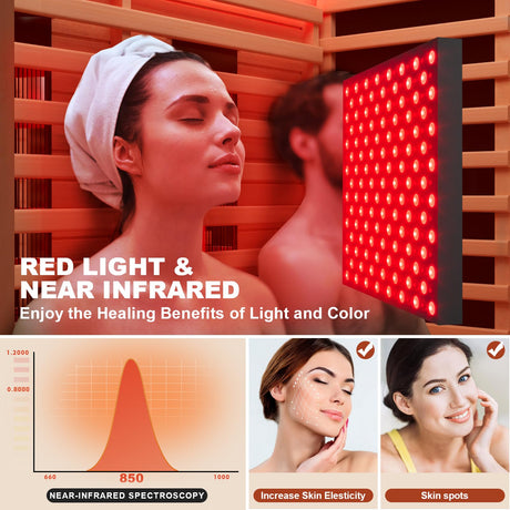 MEISSALIVVE Full Spectrum Infrared Sauna，1-2 Person Home Sauna，Wooden Canadian Hemlock Indoor Spa Sauna with Resonance Speaker, Panoramic Tempered Glass Door MEISSALIVVE