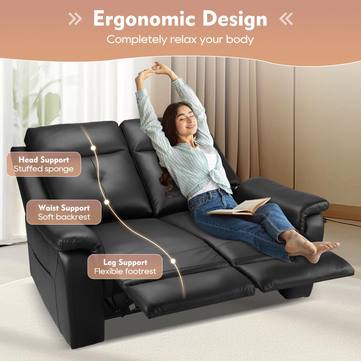 RIHEREFY PU Leather Reclining Loveseat with Heat and Massage, Double Loveseat Recliner with Side Pocket, Loveseat Recliner Sofa for Living Room, Home Theater, RV RIHEREFY