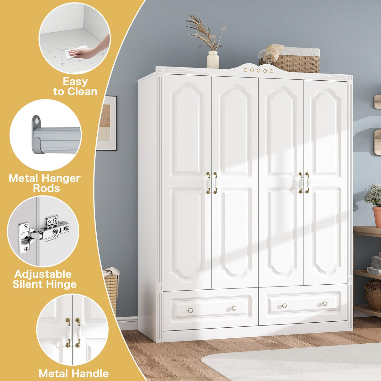 LABROSKIA White Armoire Wardrobe Closet with Drawers: 74" Large Wardrobe Closet with 4 Doors and 2 Drawers, Bedroom Armoires with Hanging Rod, Wooden Armoire Closets for Hanging Clothes (White, 59") LABROSKIA