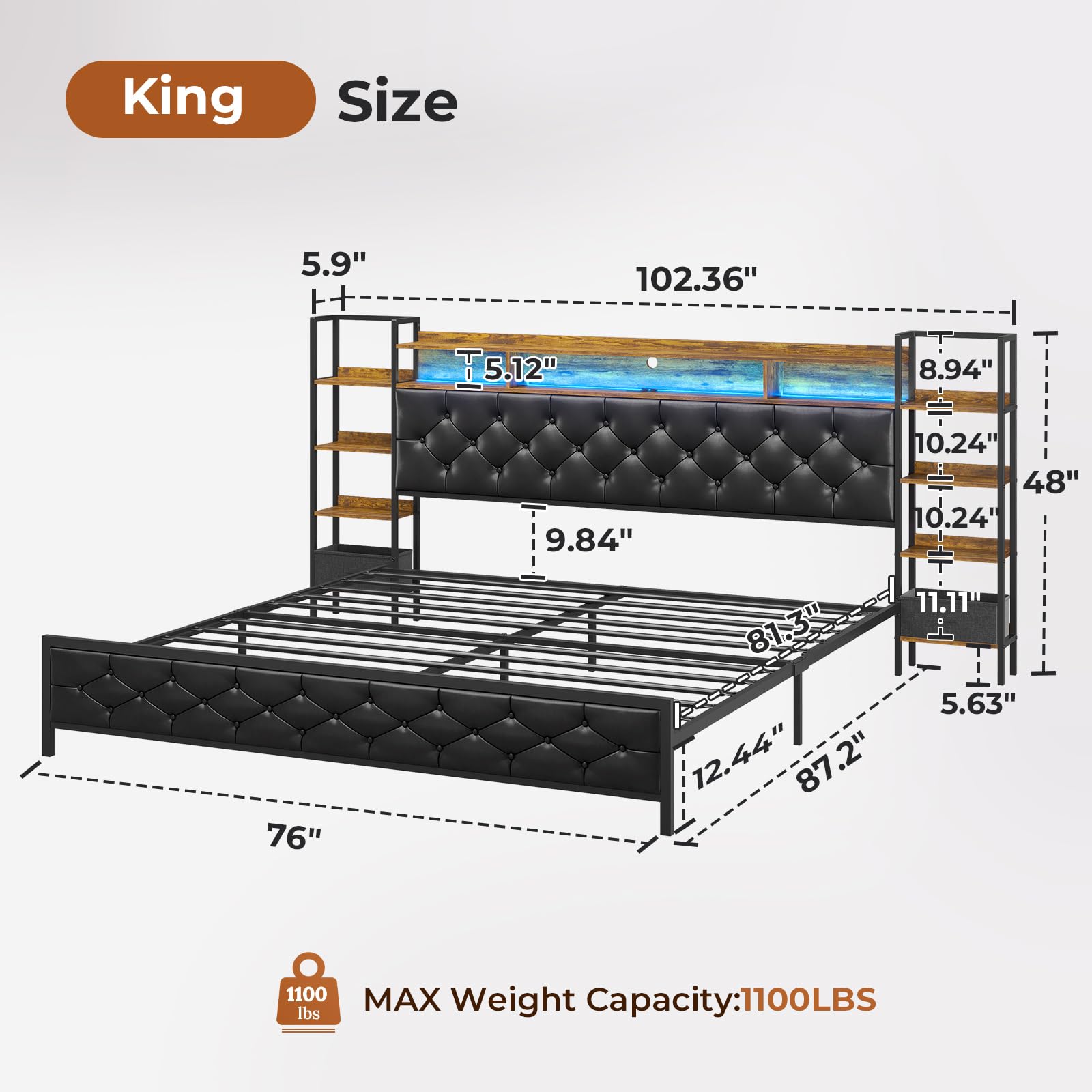 DICTAC King Size Metal Bed Frame with Smart Charging Headboard, Storage Shelves, and LED Lighting - WoodArtSupply