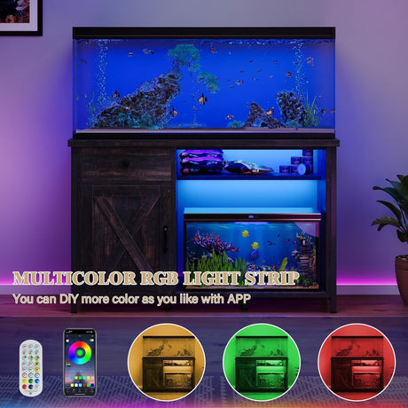 4ever2buy 55-75 Gallon Aquarium Stand with Power Outlets & LED Light, Metal Frame Fish Tank Stand with Drawer & Barn Door, Turtle Reptile Terrariums Stand with Fish Tank Accessories Storage, Dark Oak 4ever2buy