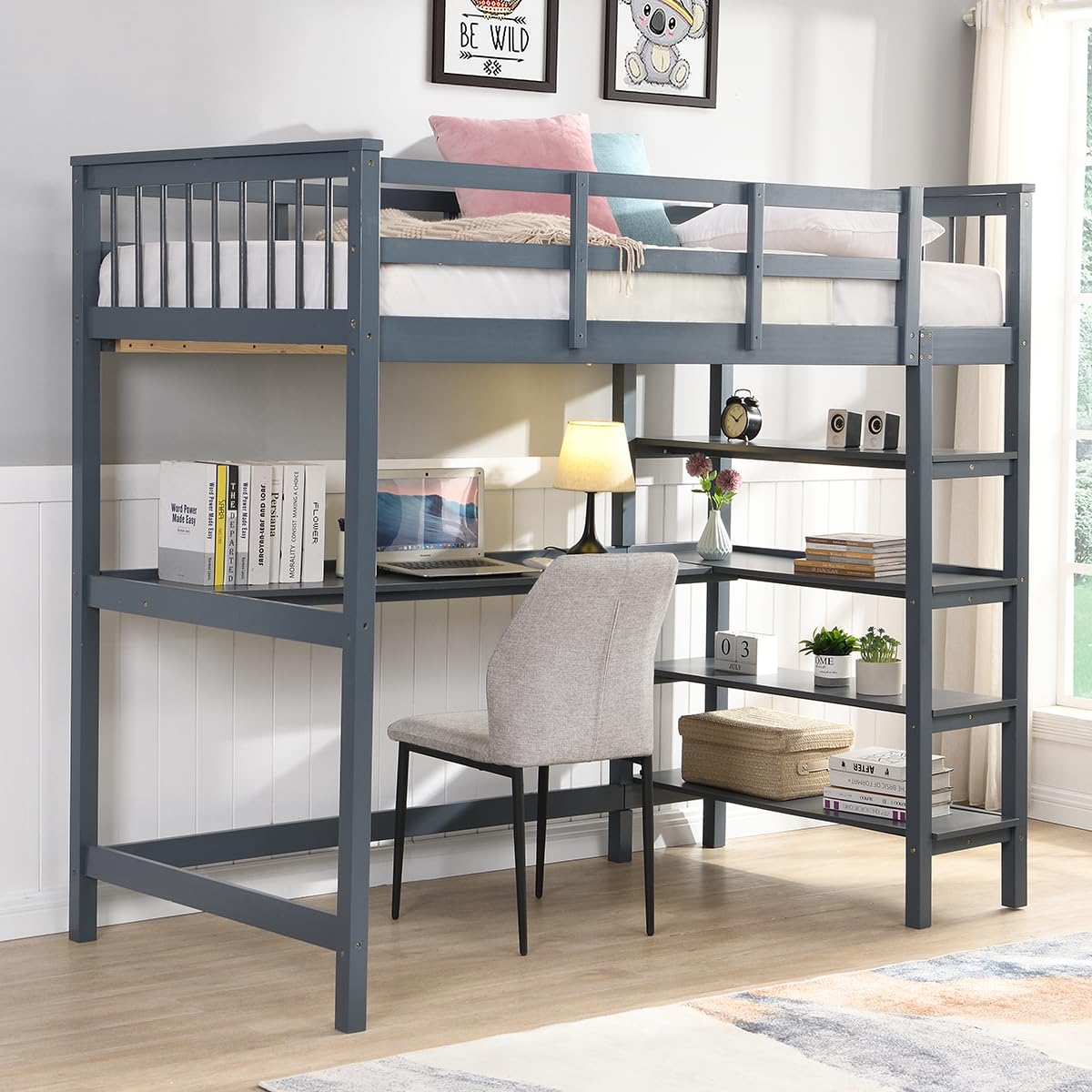 KINFFICT Loft Bed Full Size with Desk and Shelves, Heavy Duty Full Loft Bed Frame with Bookcase Storage, Solid Wood Lofted Bed Frame, Space-Saving, Noise Free, No Box Spring Needed KINFFICT